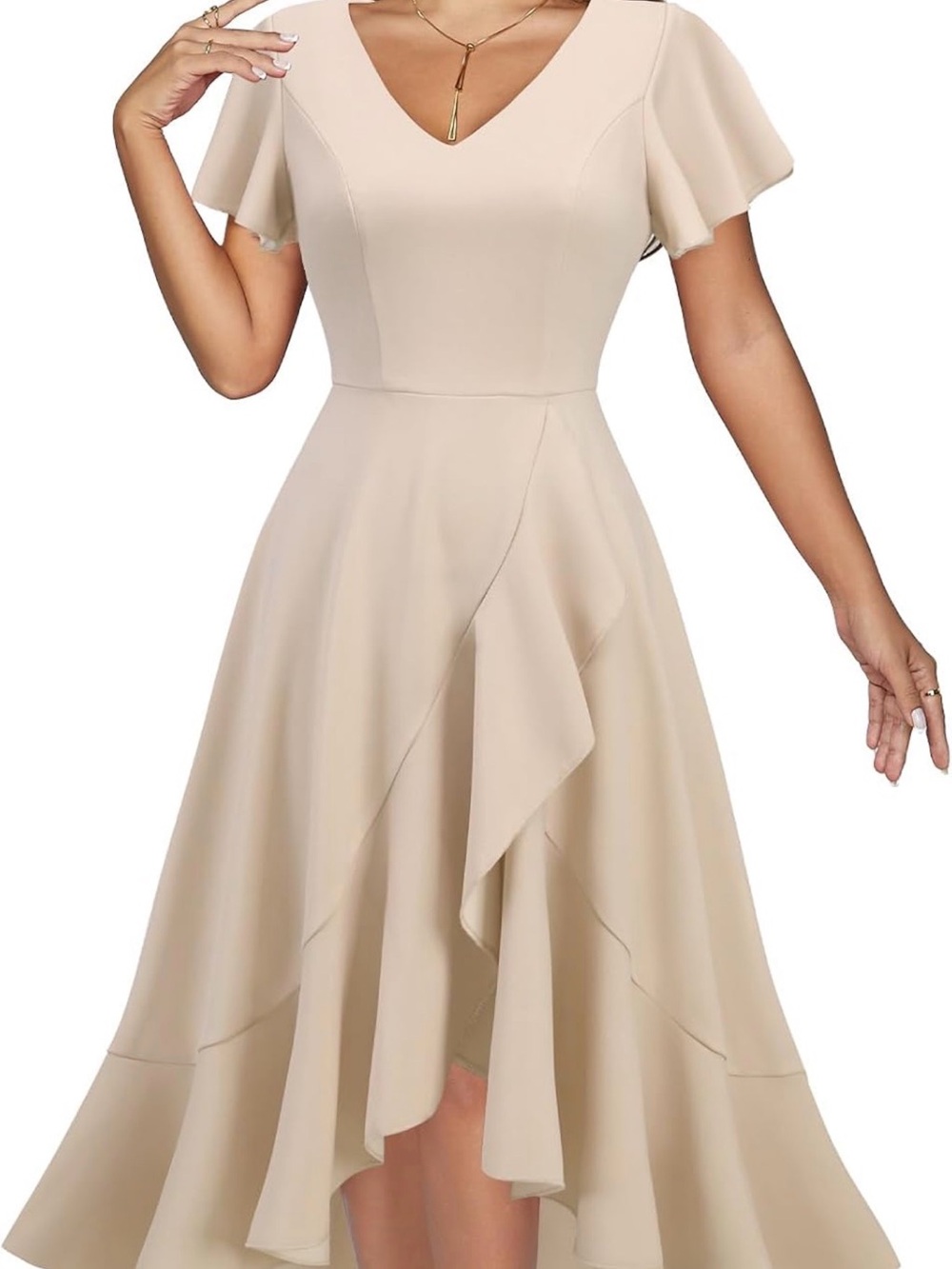 V-Neck Ruffle High-Low Dress in Beige
